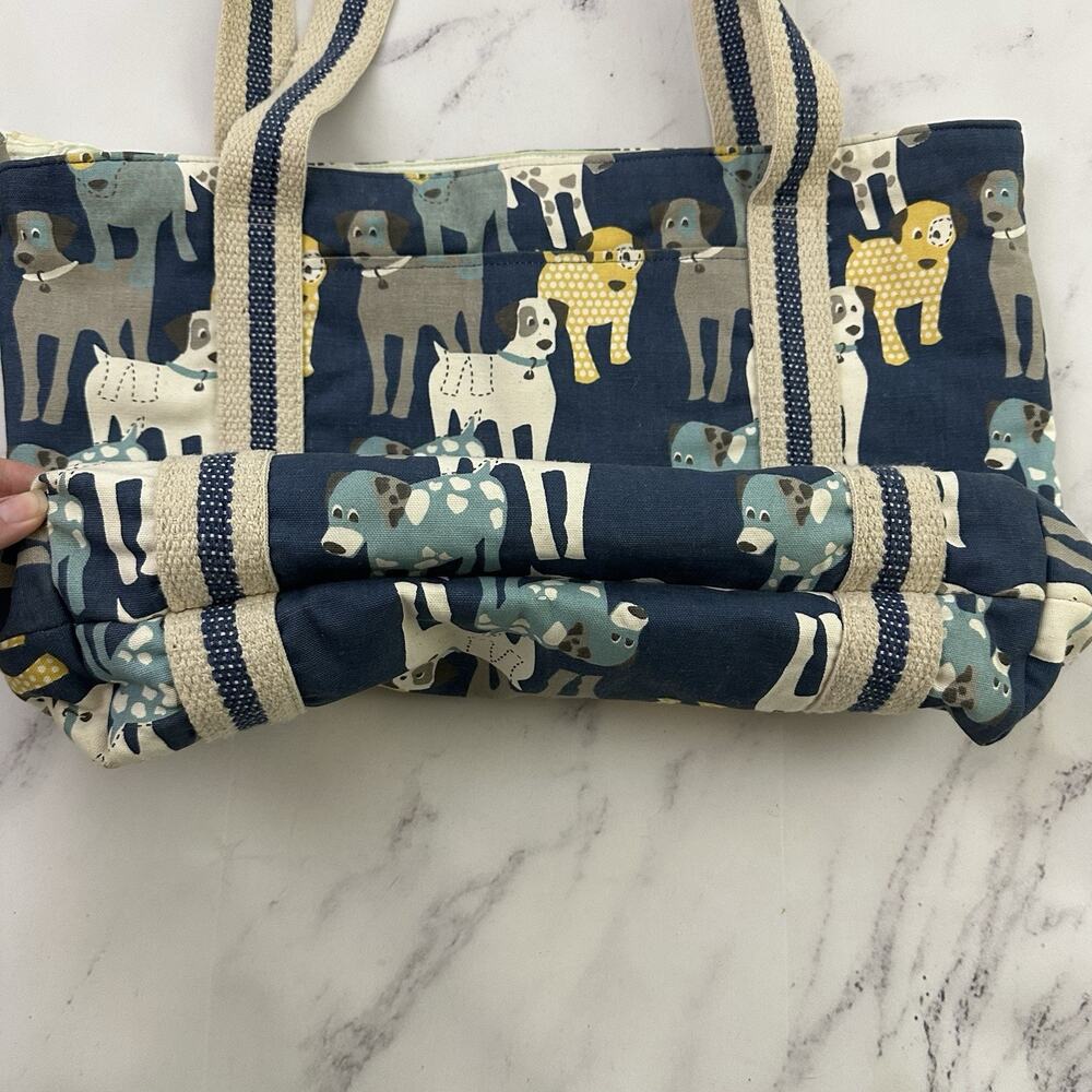 Turquoise Mountain Dog Print Canvas Tote Bag Blue White Handmade Zipper Top - Picture 5 of 11